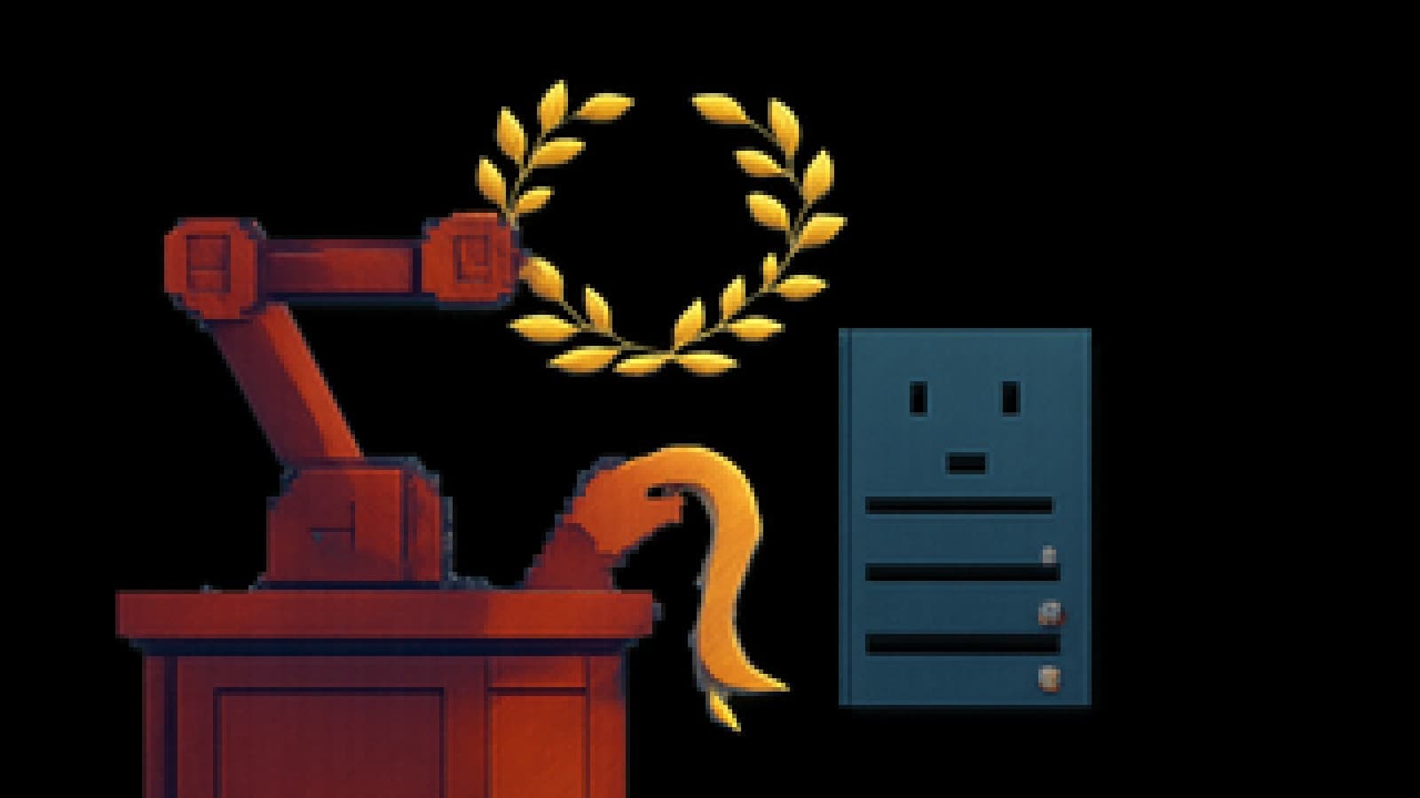 A robot arm awarding a gold wreath to a server rack while a painter holds a silver ribbon