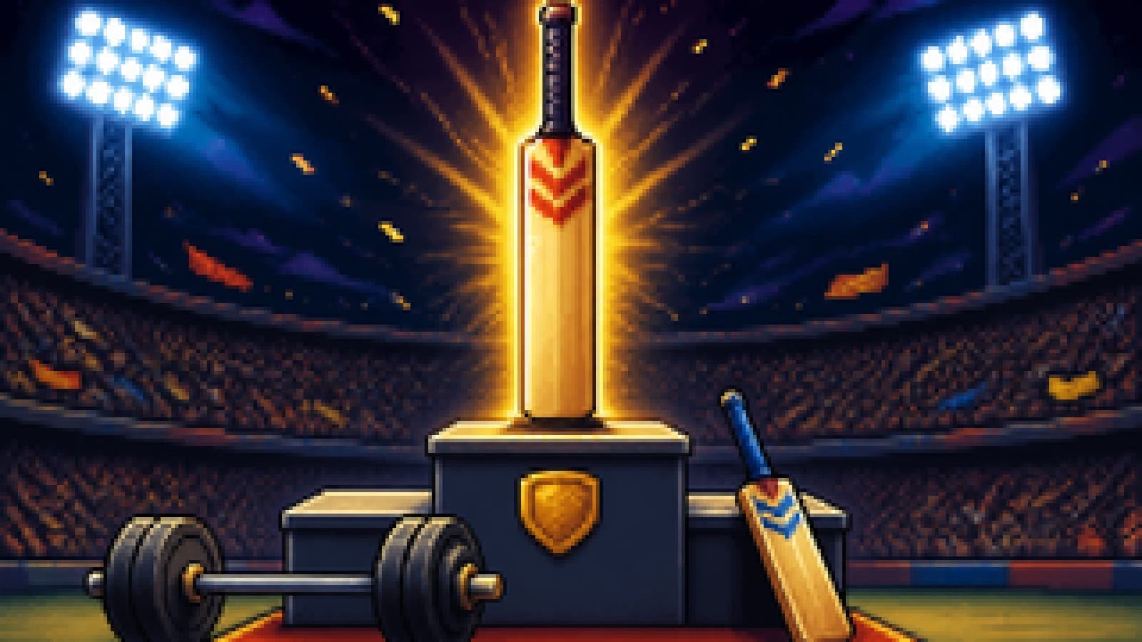 A cricket bat on a winner's podium in a gym-style stadium, with a second bat on a lower step