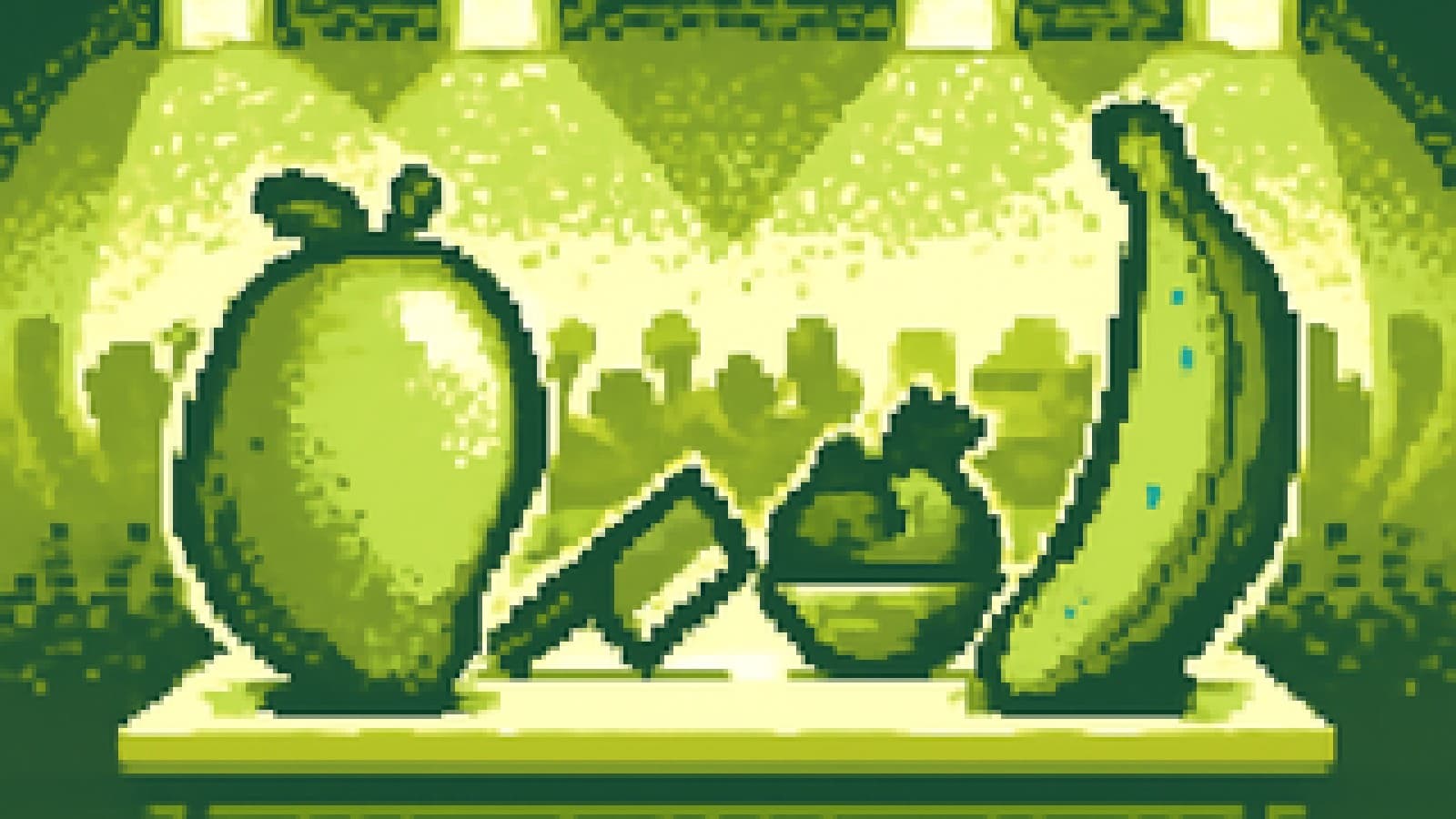 Pixel-art mango and banana facing off across a cooking-show judging table.