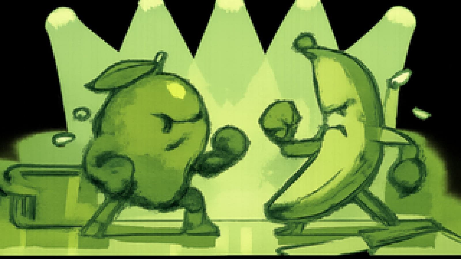Pixel-art mango and banana squaring off on a cooking-show counter under stage lights.