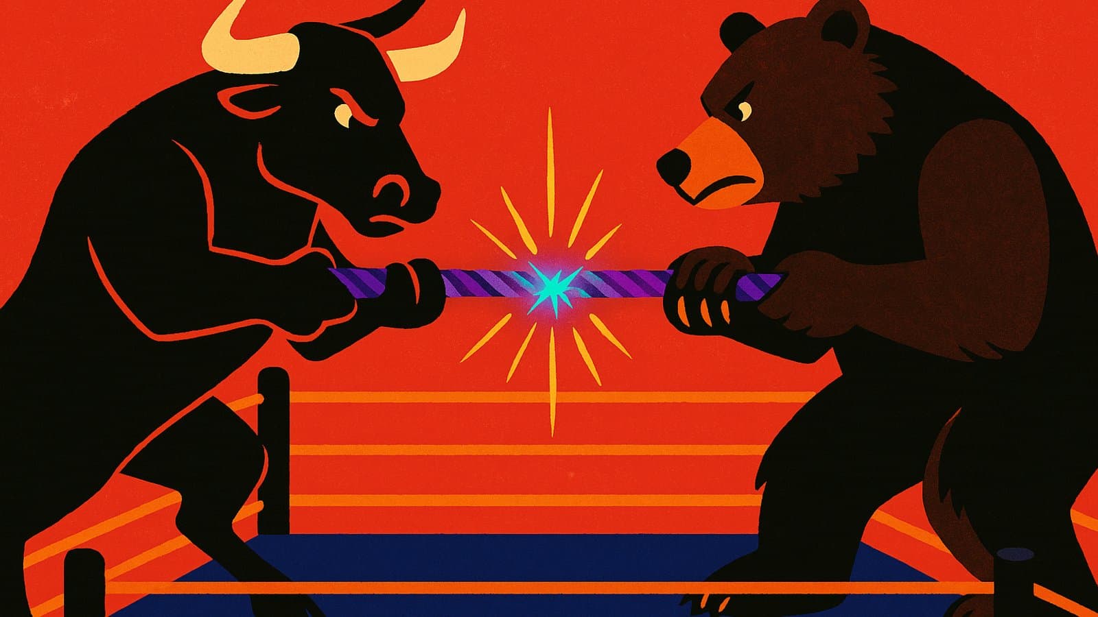 A cartoon bull and bear stuck in a tug-of-war over a glowing purple-and-teal rope in a boxing ring