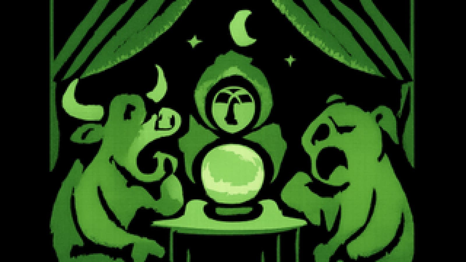 Pixel-art fortune teller's table with a crystal ball showing a flat foggy line, a bored bull and bear seated on either side.