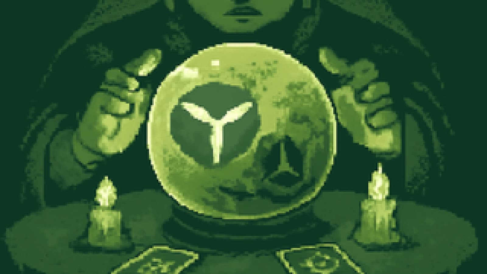 A crystal ball on a velvet table with a bright propeller emblem and a dimming silver star in smoke, surrounded by tarot cards and candles