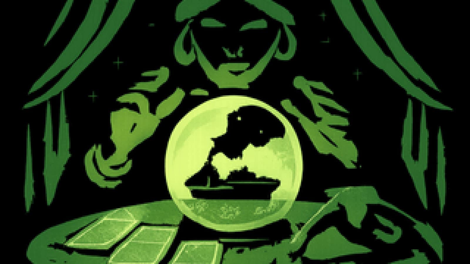 Pixel-art crystal ball full of dark smoke with a small tanker inside, set on a velvet table among tarot cards and a fuel nozzle.