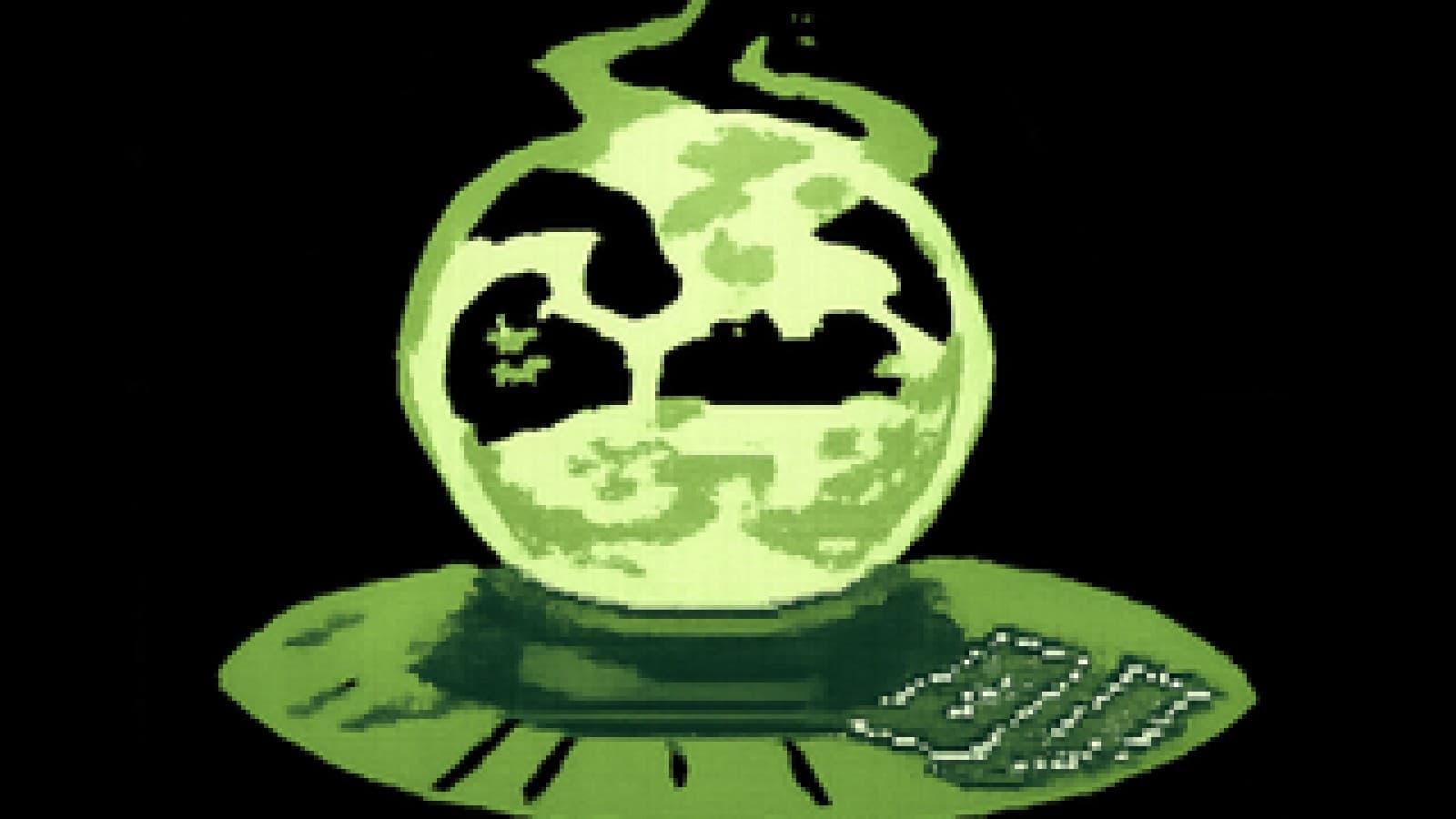 Crystal ball full of dark diesel smoke showing a phantom tanker and two telephones, surrounded by tarot cards.