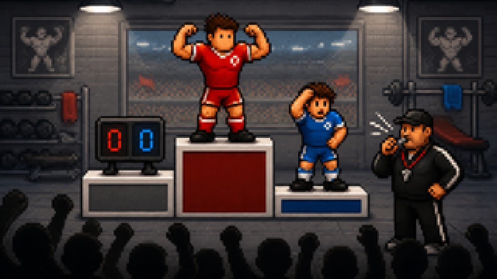Illustrated podium where a red-kitted player stands first, a tied scoreboard second and a blue-kitted player third