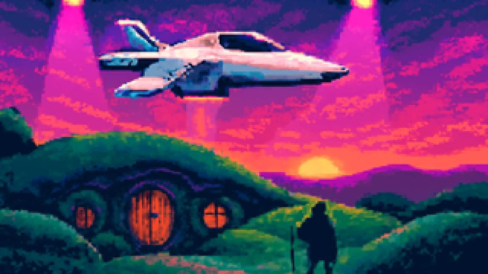 pixel art of a starship hovering over green hills with round doors while a small traveler with a staff looks up