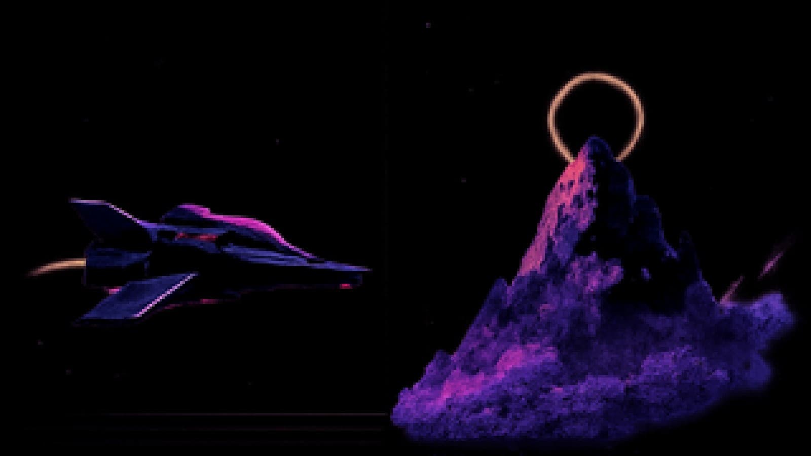 pixel art of a starship facing a misty fantasy mountain with a glowing ring under a split starry sky