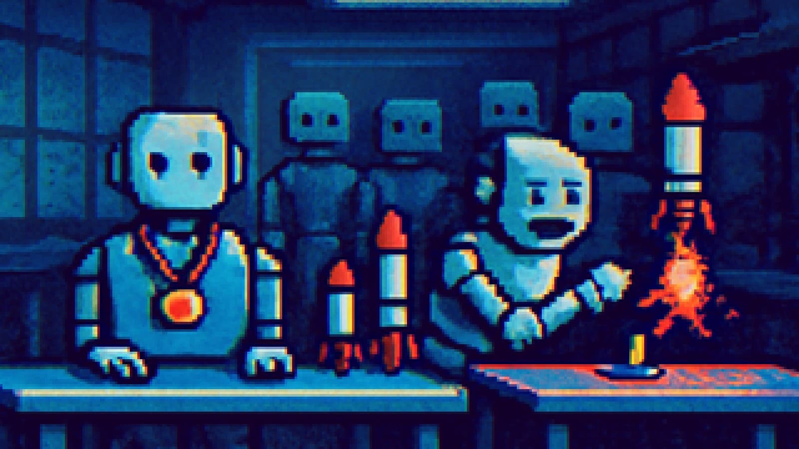 Pixel-art lab with a calm medal-wearing robot beside a robot launching rockets, three others watching