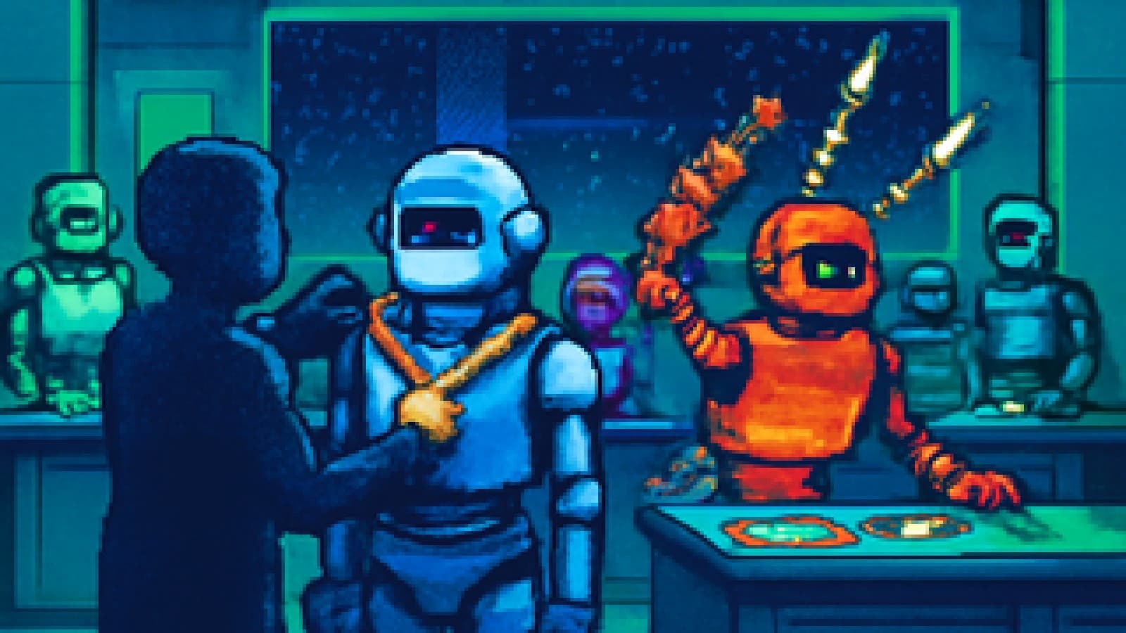 Pixel-art science fair with a robot receiving a gold medal while another launches small rockets