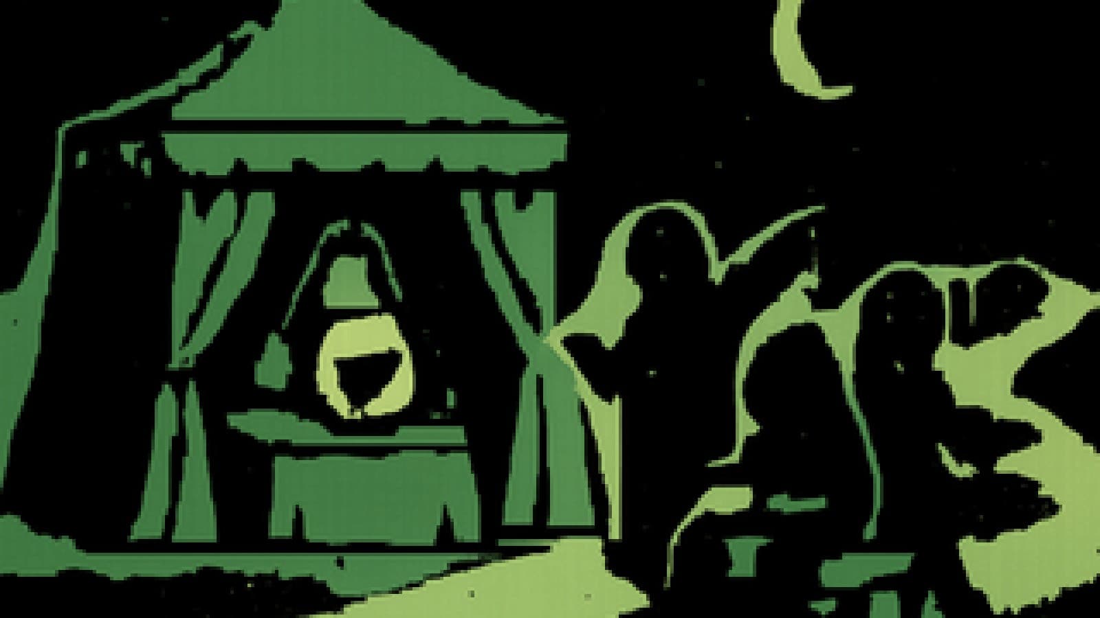 Pixel-art fortune teller's tent with a crystal ball showing a price chart and three hooded figures at a misty fork in the road