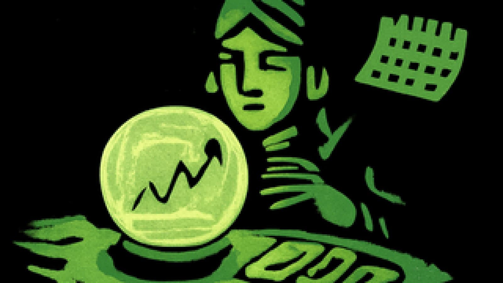 Crystal ball glowing over tarot cards with a swirling price chart inside and a calendar page drifting through purple mist