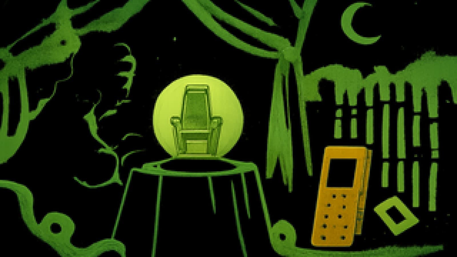 Pixel-art crystal ball showing a silver phone on a throne and an orange phone outside a locked gate in the mist.