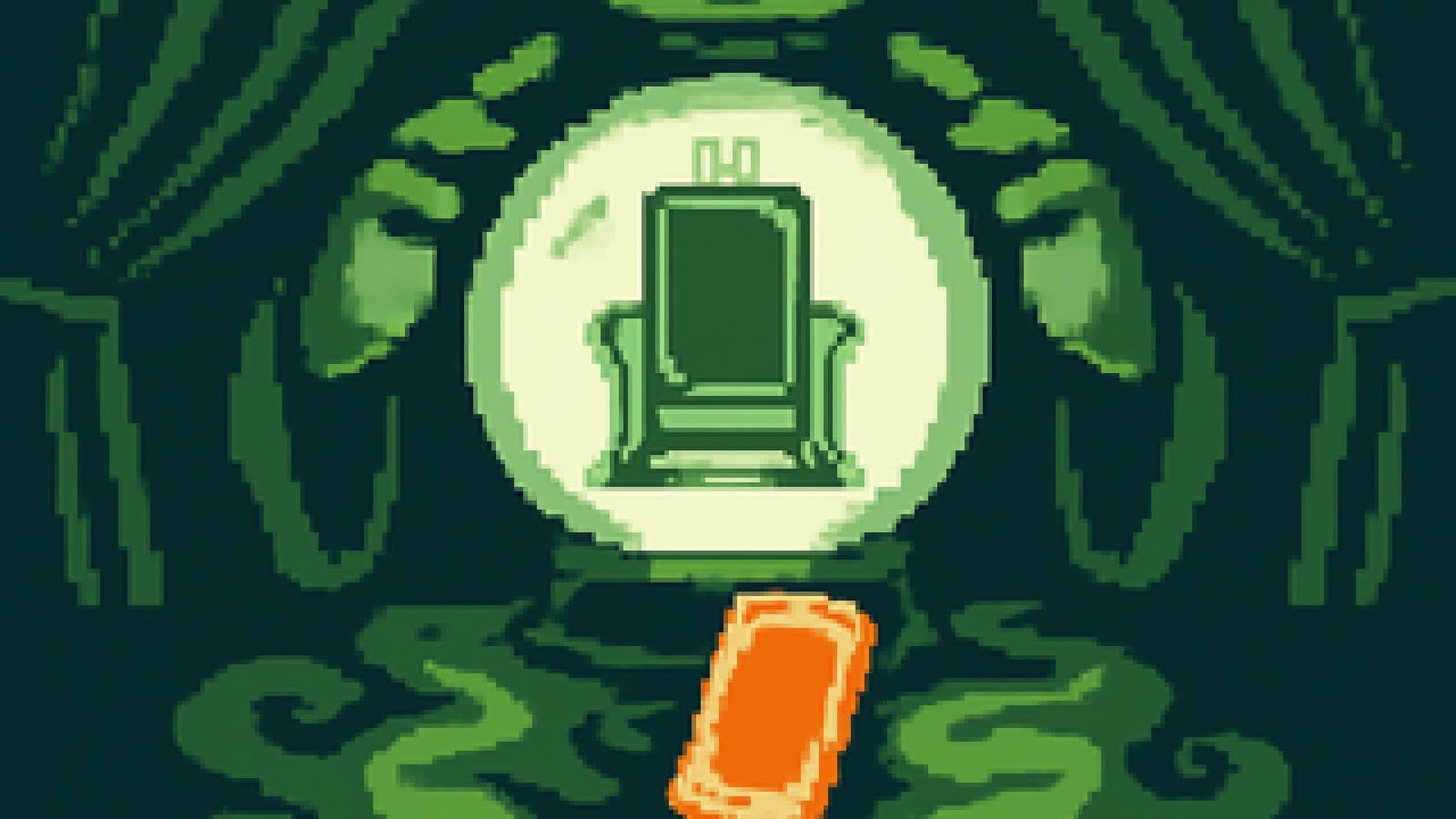Pixel-art crystal ball revealing a crowned silver smartphone above an orange smartphone in the mist.