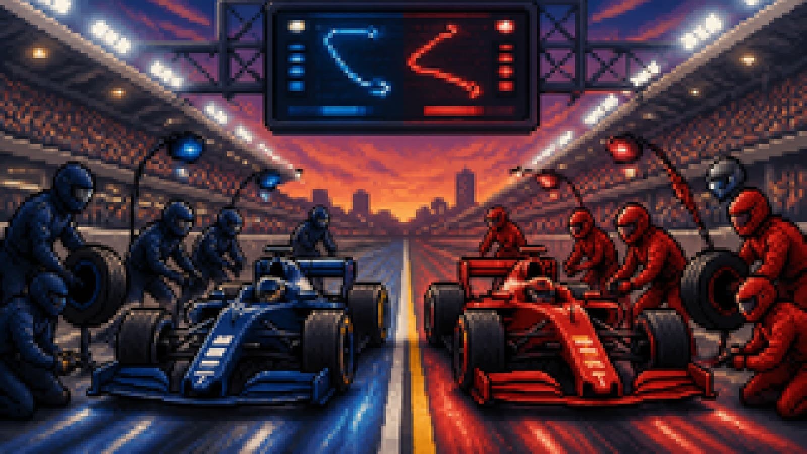A blue and a red Formula One car in adjacent pit bays under a glowing strategy screen