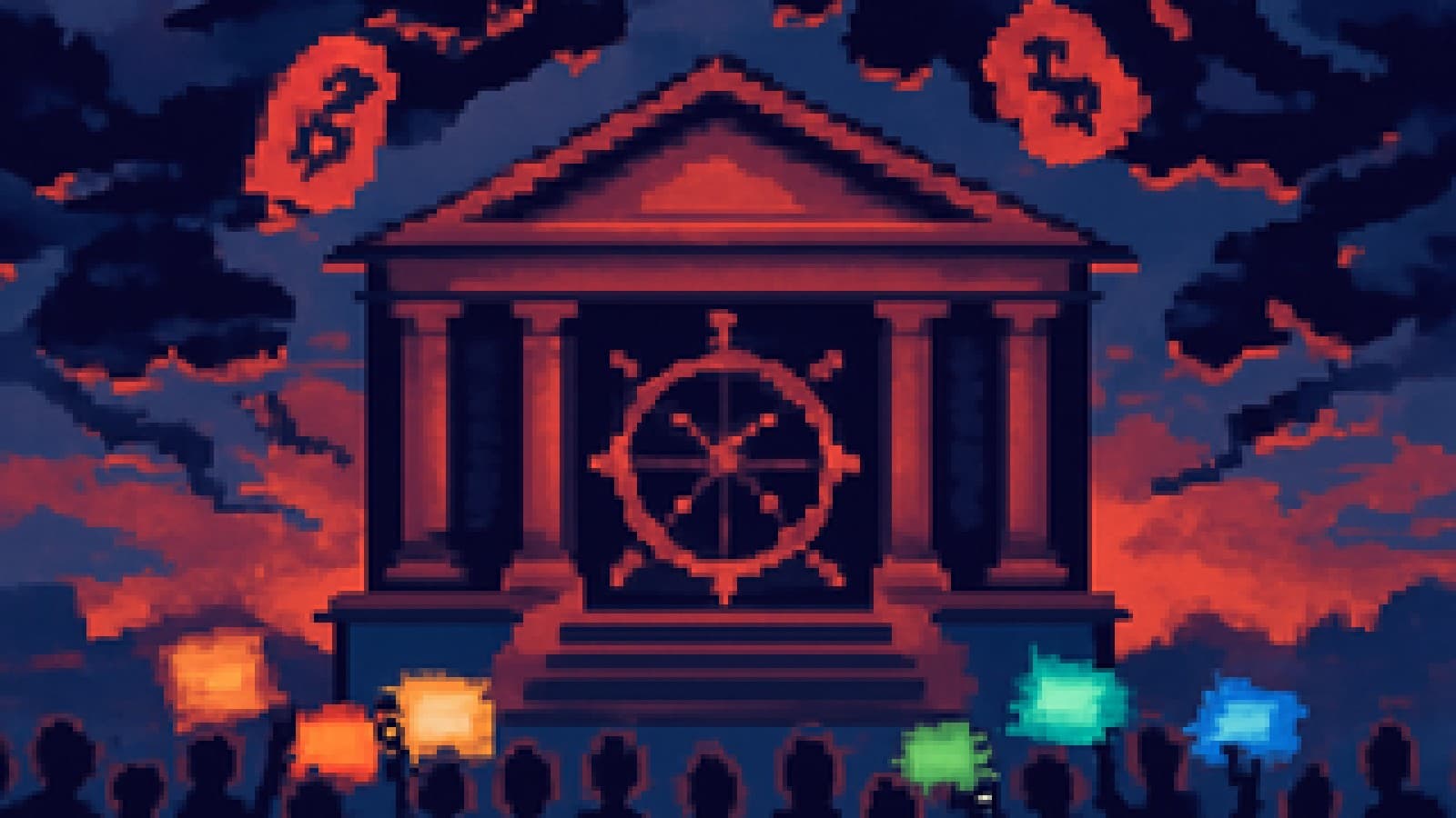 Pixel-art marble bank building with a steady ship's wheel on its steps beneath stormy clouds, a small crowd gathered below