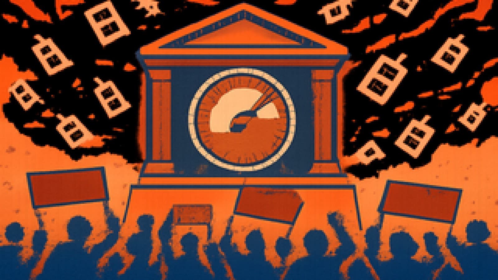 Pixel-art central bank building with a frozen rate dial, a cheering crowd below and stormy price-tag clouds above