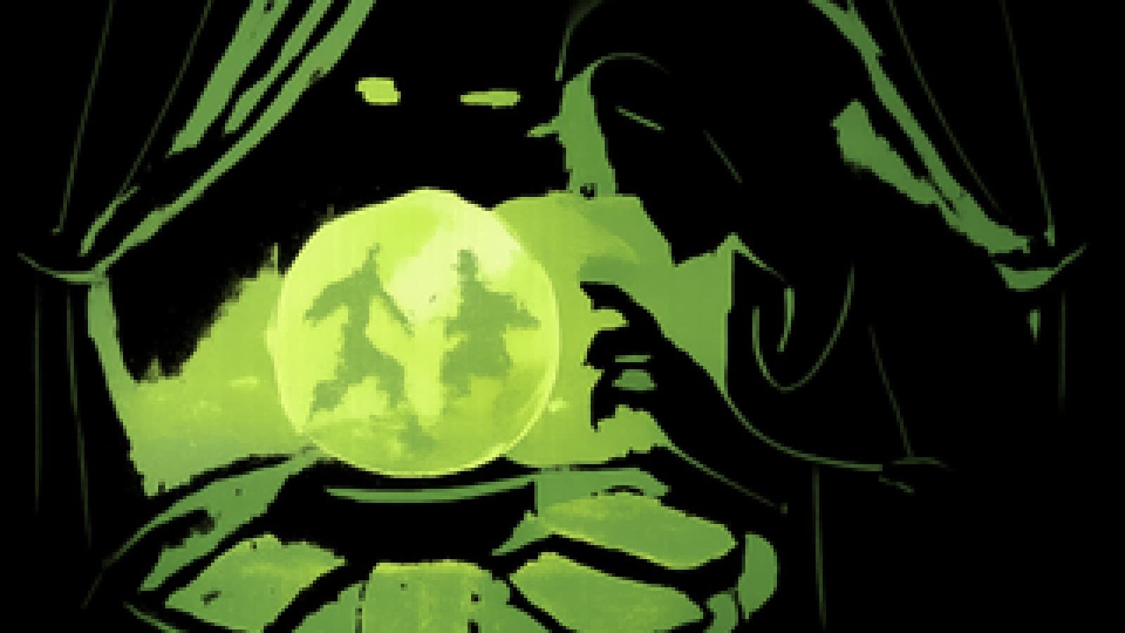 Pixel-art crystal ball showing two shadowy football strikers facing off on a misty pitch, with tarot cards spread across a velvet table