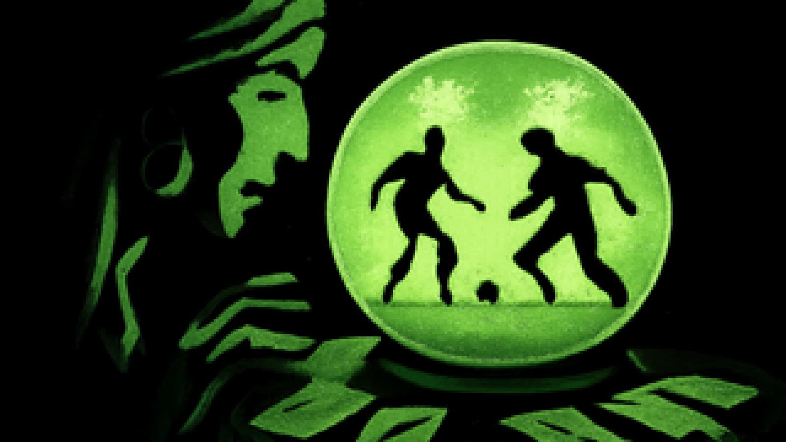 Crystal ball showing two silhouetted football strikers facing off on a foggy pitch, surrounded by tarot cards