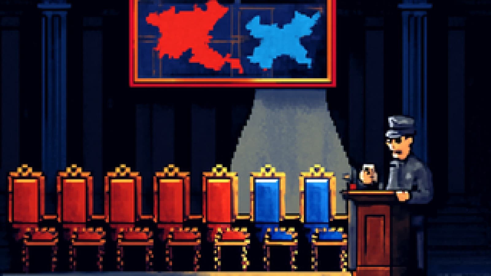 Pixel art of a marble hall with eight presidential chairs, the newest lit by a spotlight and the oldest covered in dust, as a clerk times proceedings.
