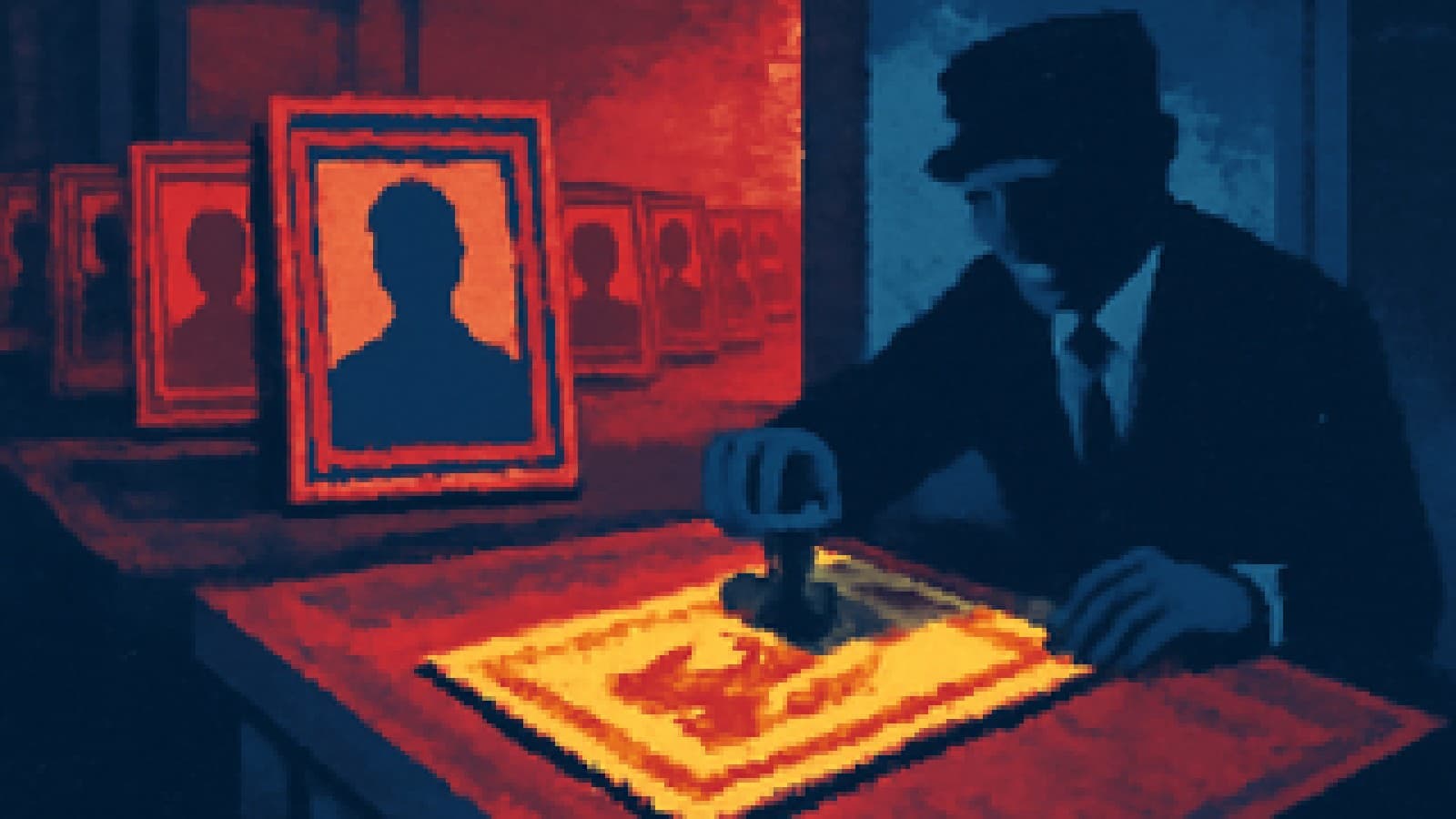 Pixel art of a bureaucrat stamping a crown certificate beside a long line of empty portrait frames, the newest lit and the oldest fading.