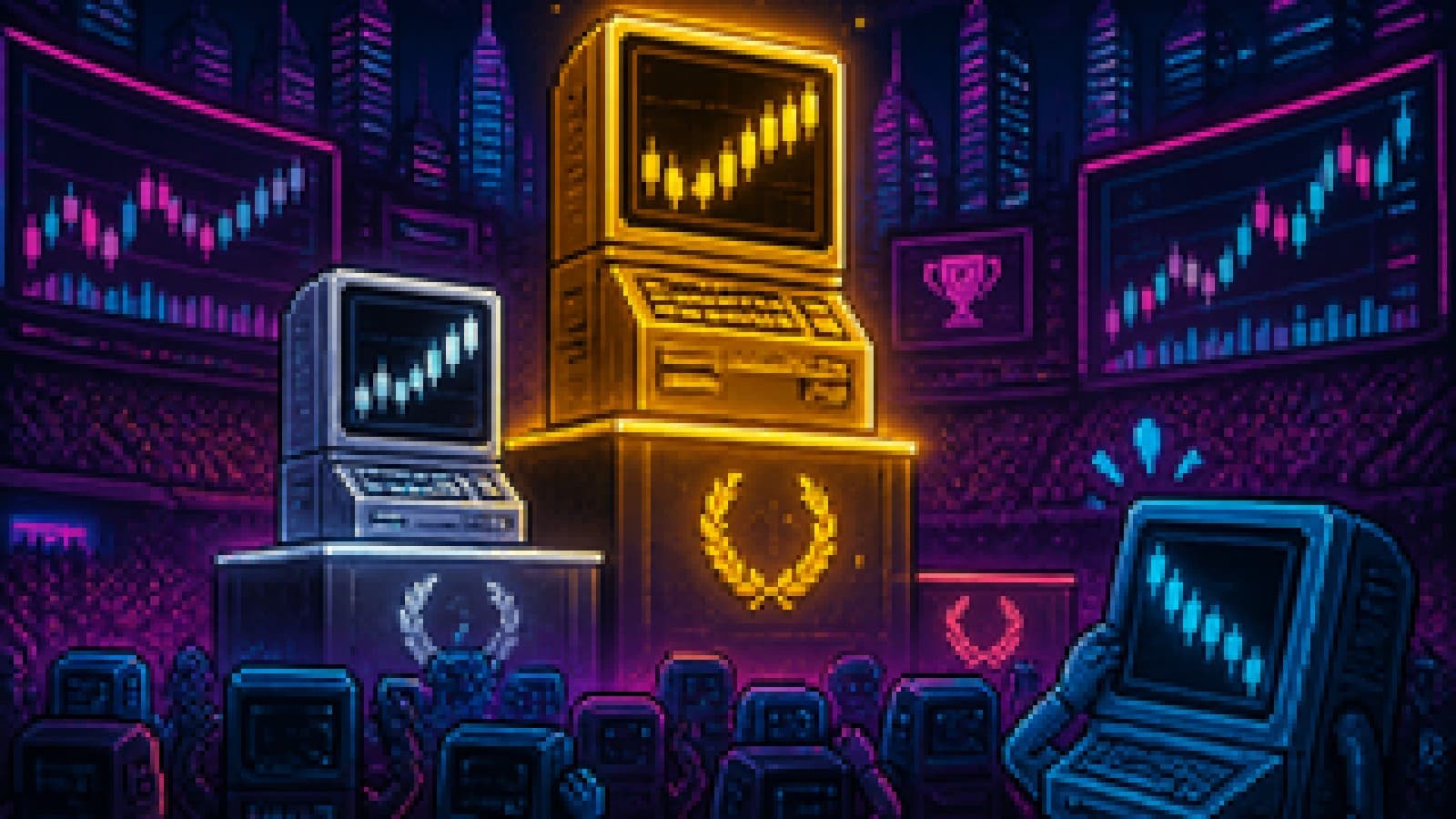 Futuristic podium with glowing trading terminals, one surprised terminal left off the medals