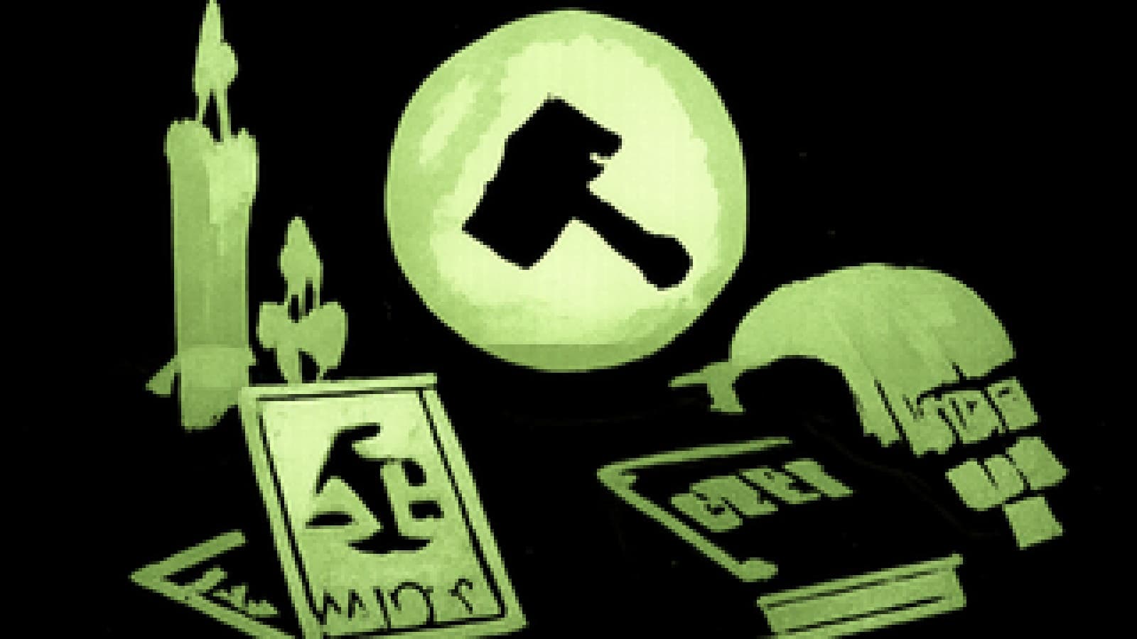 Pixel-art fortune teller's table with a crystal ball showing a gavel, a powdered wig and a heavy codebook among tarot cards.