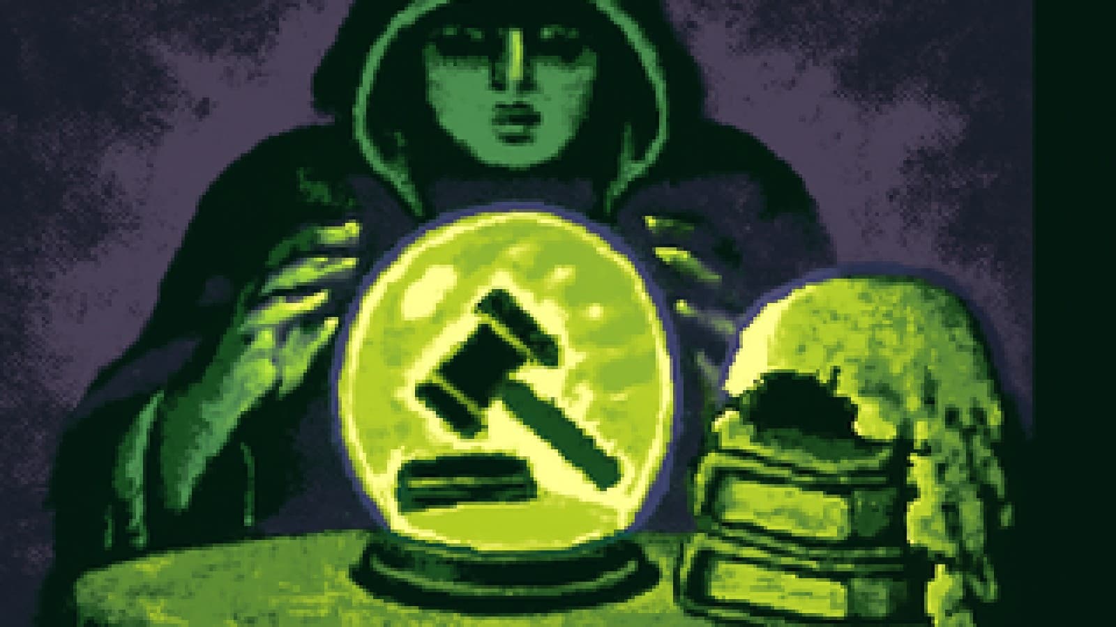 Pixel-art crystal ball showing a crowned gavel, with a wilting powdered wig and dusty legal codebooks fading into mist around it.