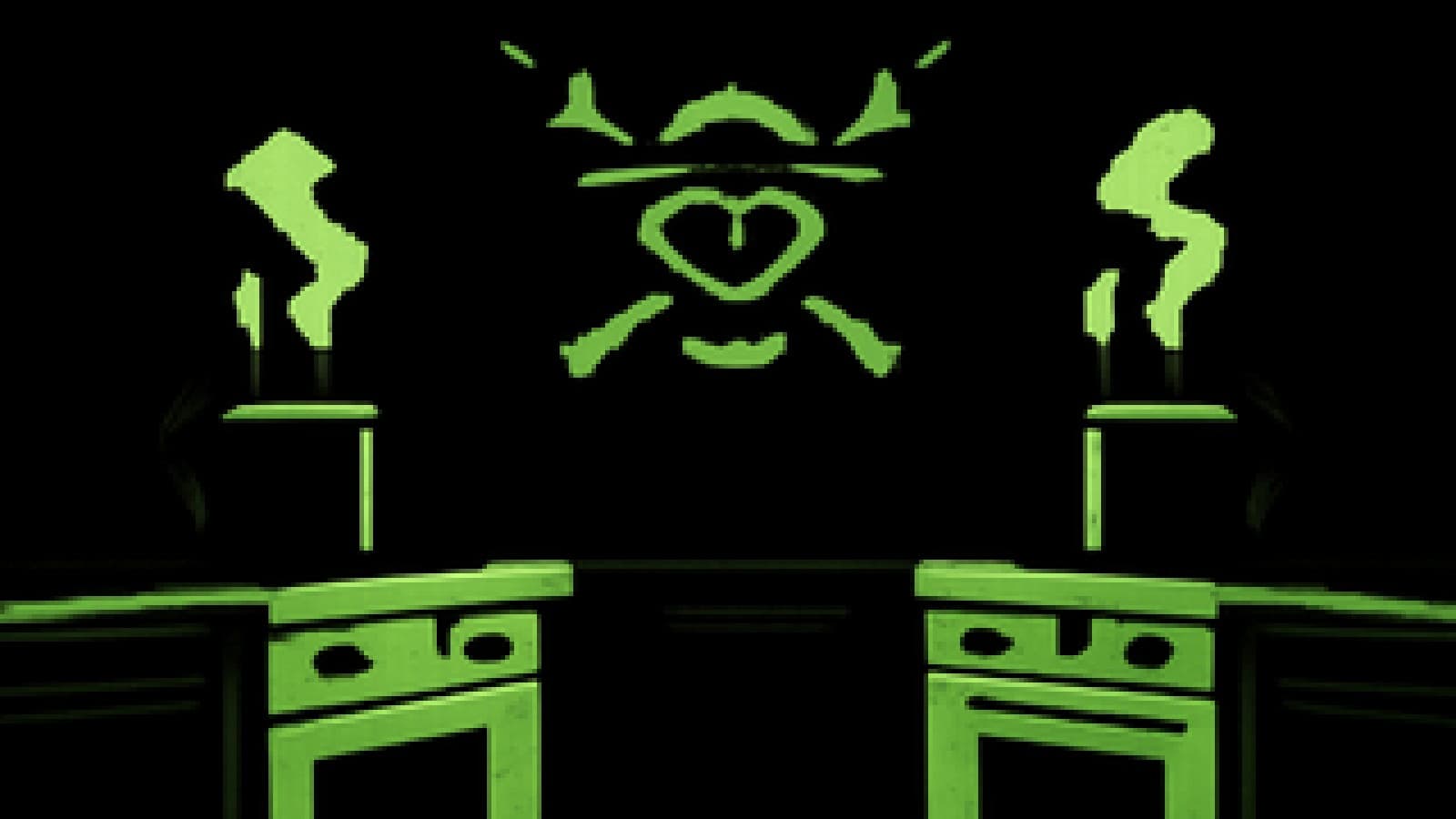 Pixel-art kitchen with two chef stations and a pirate flag hanging between them