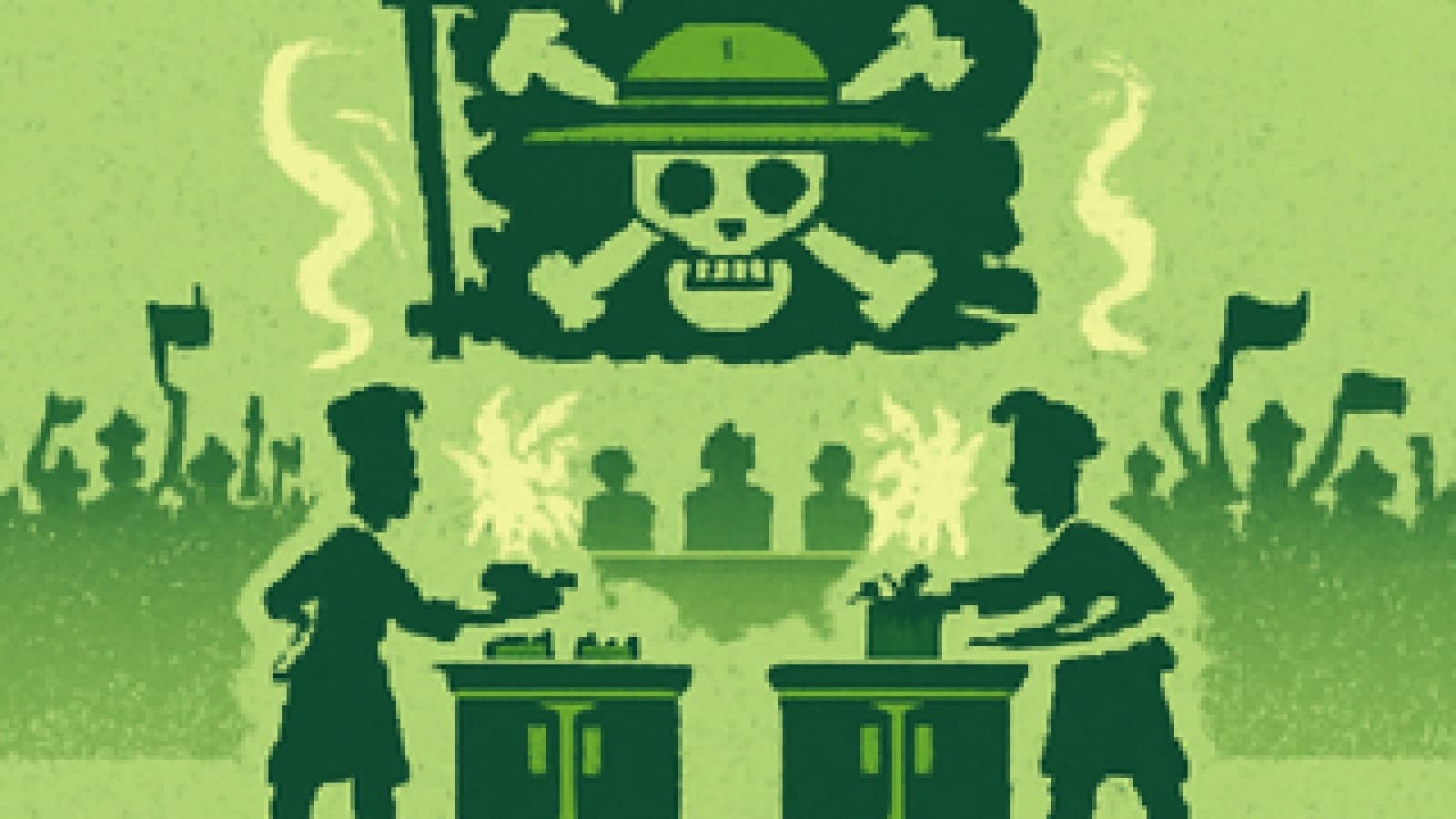 Pixel-art cook-off stage with two chef stations under a straw-hat pirate flag and a crowd waving flags