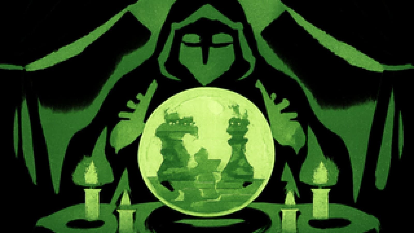 Pixel-art crystal ball showing two rival chess kings facing off over a board of shipping containers