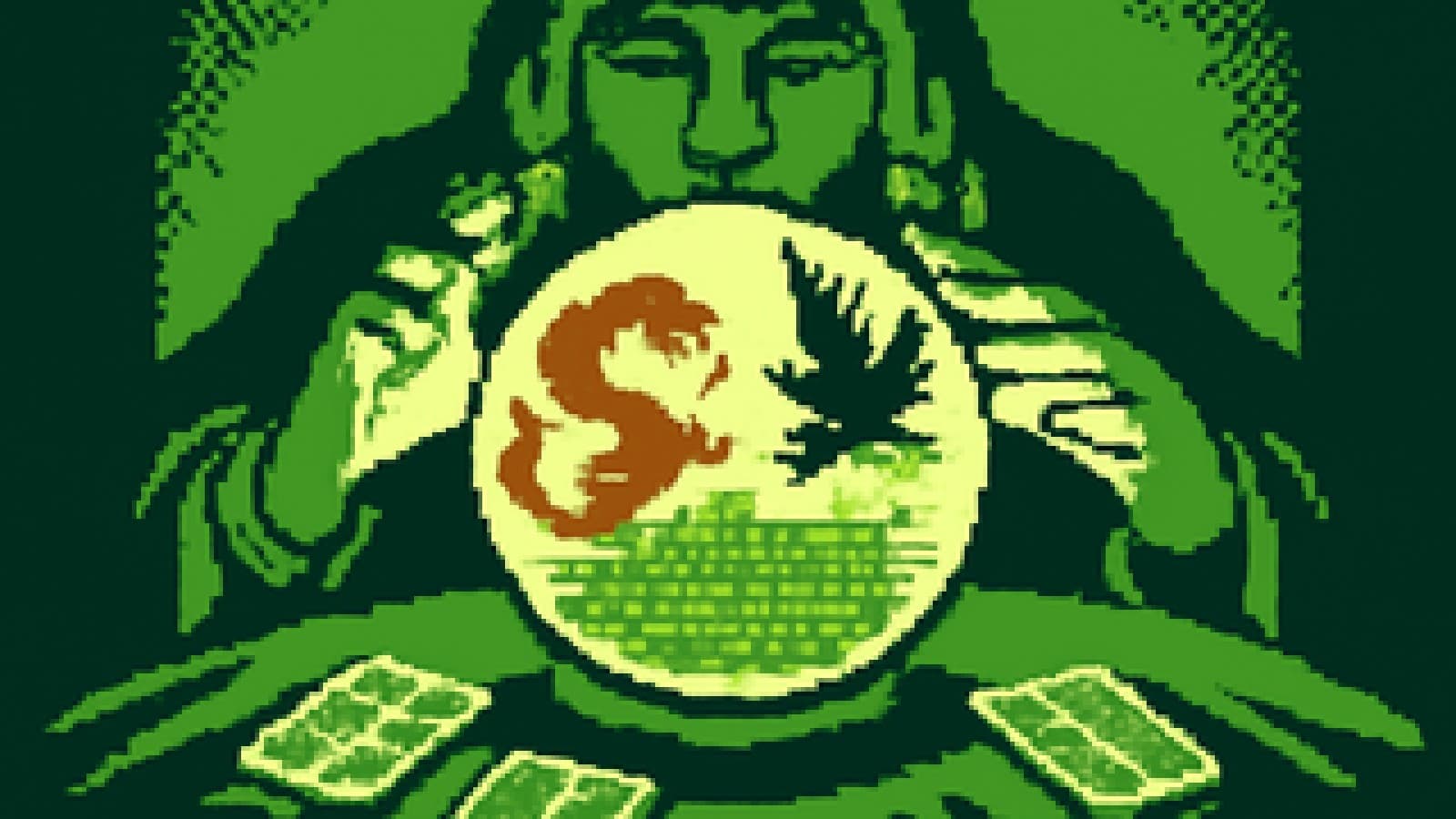 Pixel-art crystal ball showing a dragon and an eagle circling above shipping containers, with tarot cards on a velvet table