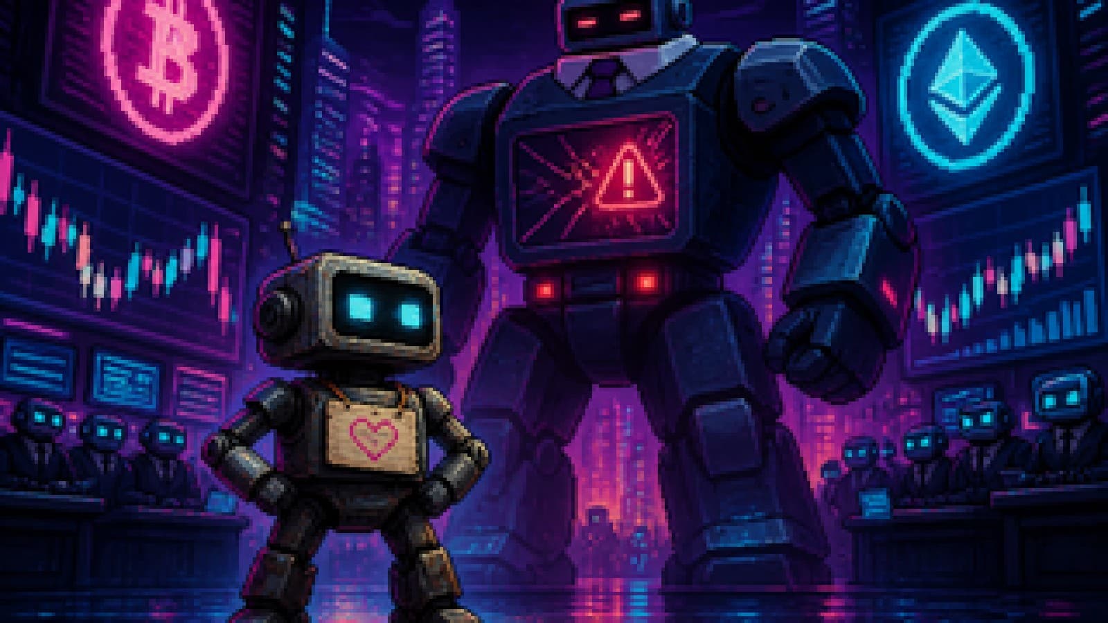 A small robot with a handmade ID badge stands in front of a large corporate robot with a cracked, flashing badge on a neon trading floor.