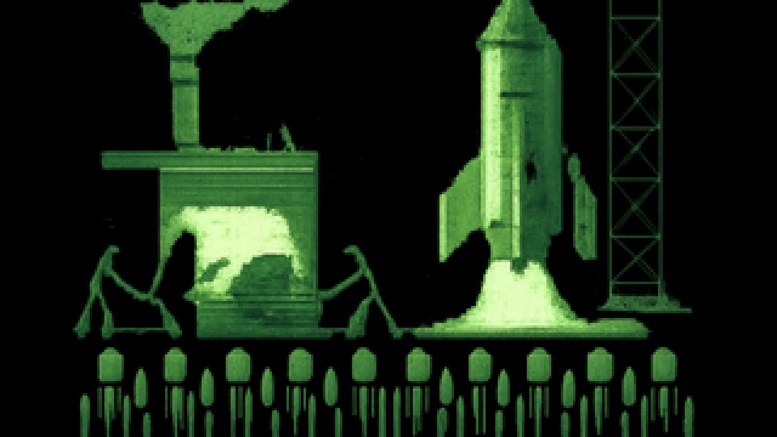 Pixel-art rocket on a launch pad next to a furnace being fed coins, watched by an approving crowd.