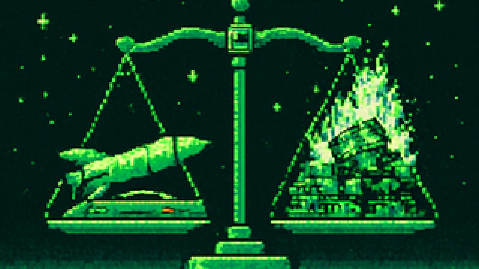Pixel-art balance scale weighing a rocket and sports car against a pile of burning money, tipping toward the rocket.