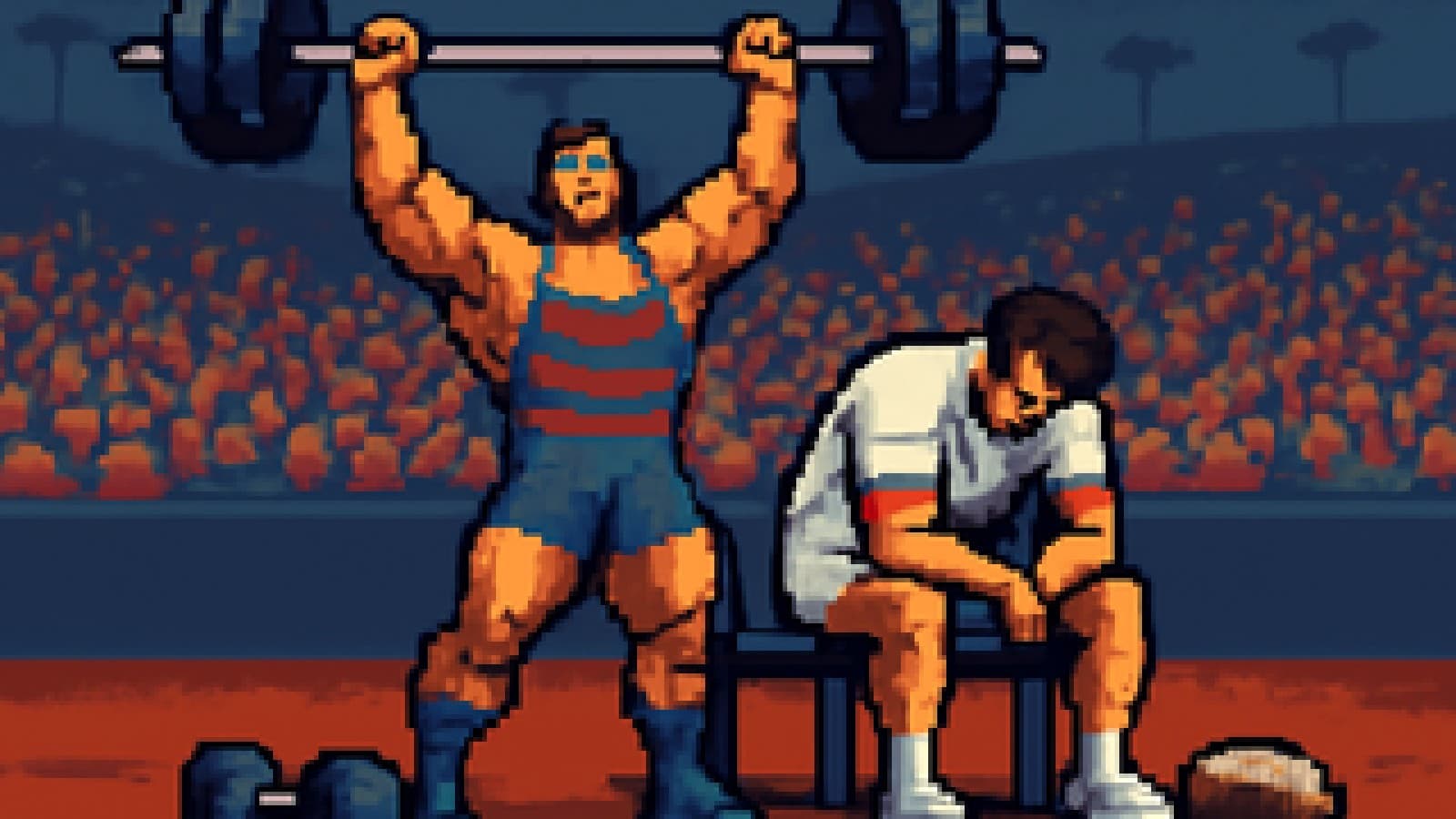 Pixel-art athlete in blue and red stripes lifting a barbell while a tired athlete in white rests on a bench
