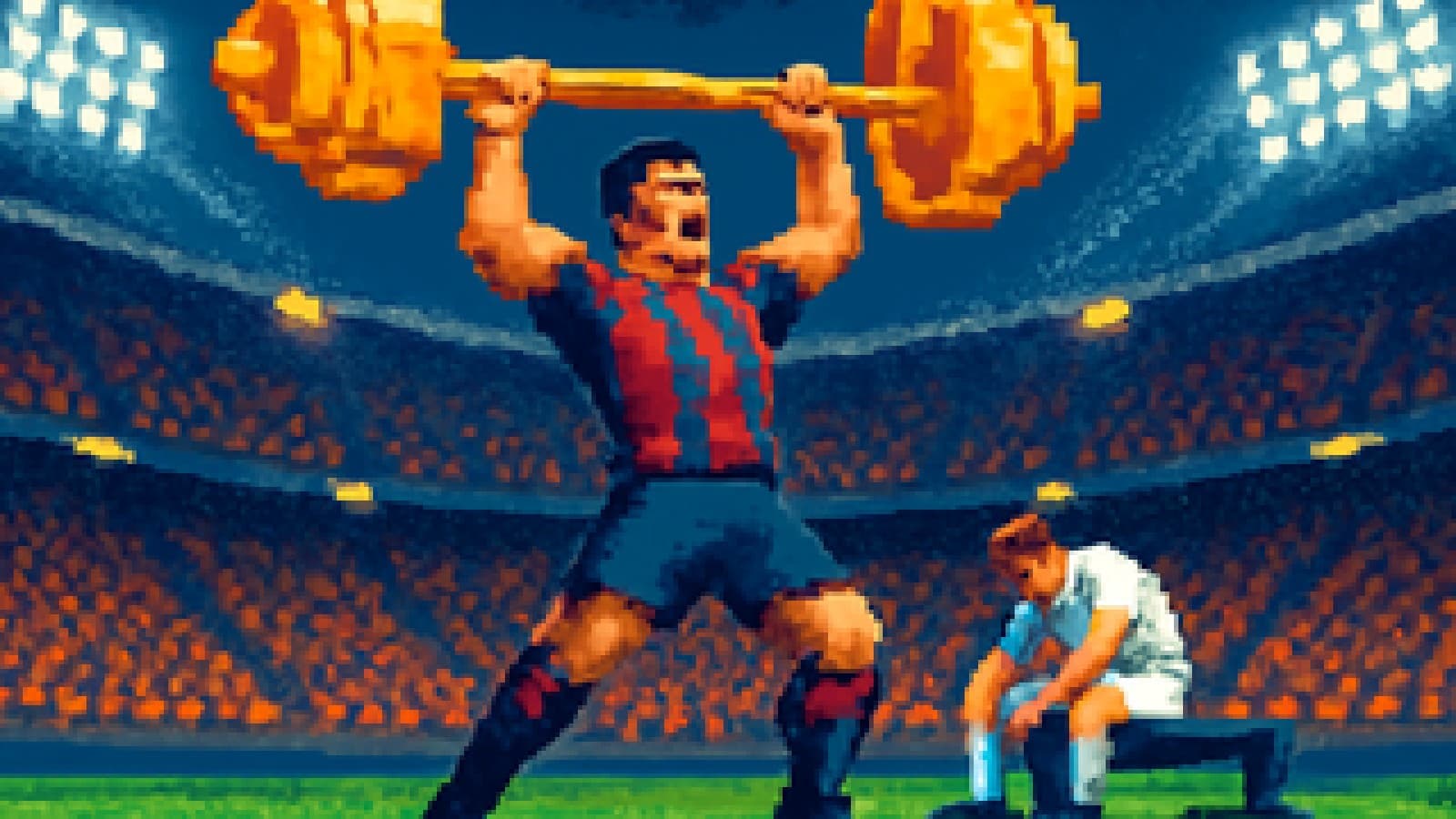 Pixel-art athlete in blue and red stripes lifting a trophy-shaped barbell in a stadium while a rival in white sits defeated on a bench