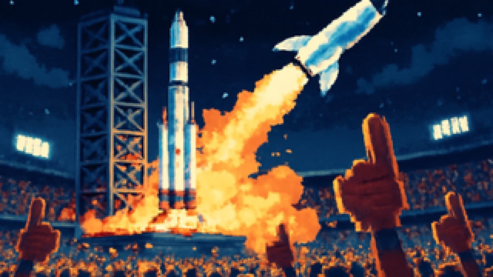 Pixel-art scene of a white rocket launching past a second rocket still on its pad, with cheering fans in a stadium.