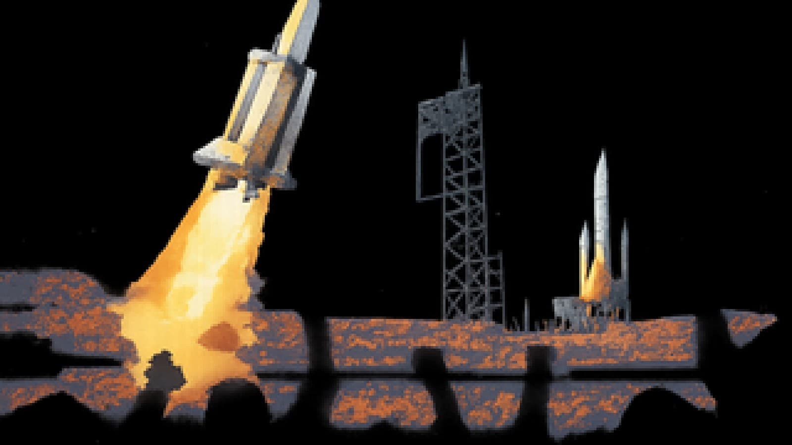 Pixel-art illustration of a white rocket launching from a stadium past a second rocket still on the pad, cheered by a crowd.