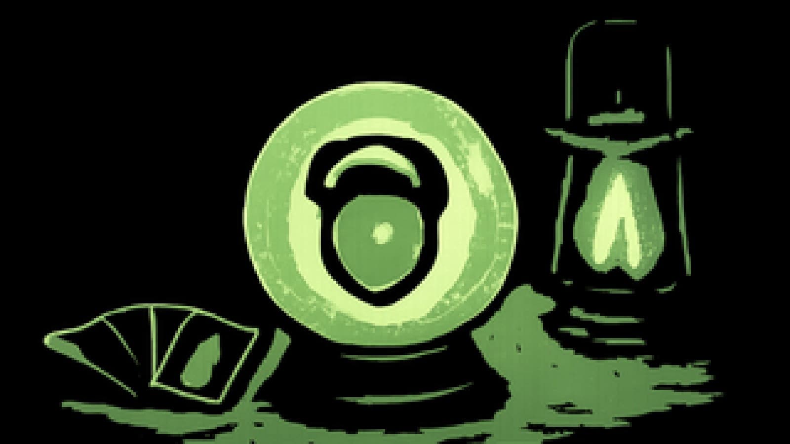 Pixel-art crystal ball showing a shield-shaped coin wearing a judge's wig, with tarot cards and a dimming lantern