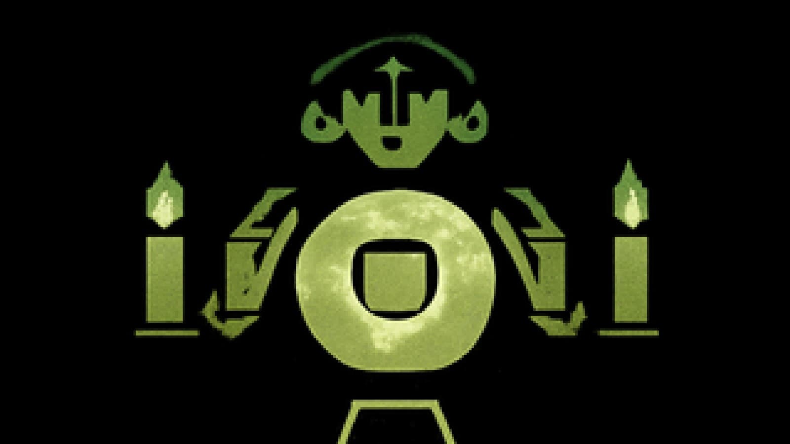 Pixel-art crystal ball in a candlelit tent showing a shield-shaped coin in mist, with an emperor tarot card face-up beside it