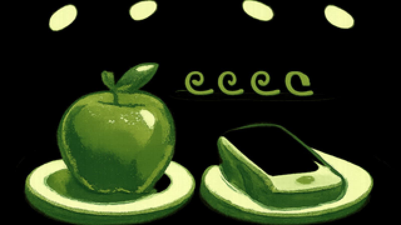 Pixel-art cook-off stage with an apple and a phone on rival plates and smaller phone dishes waiting behind.