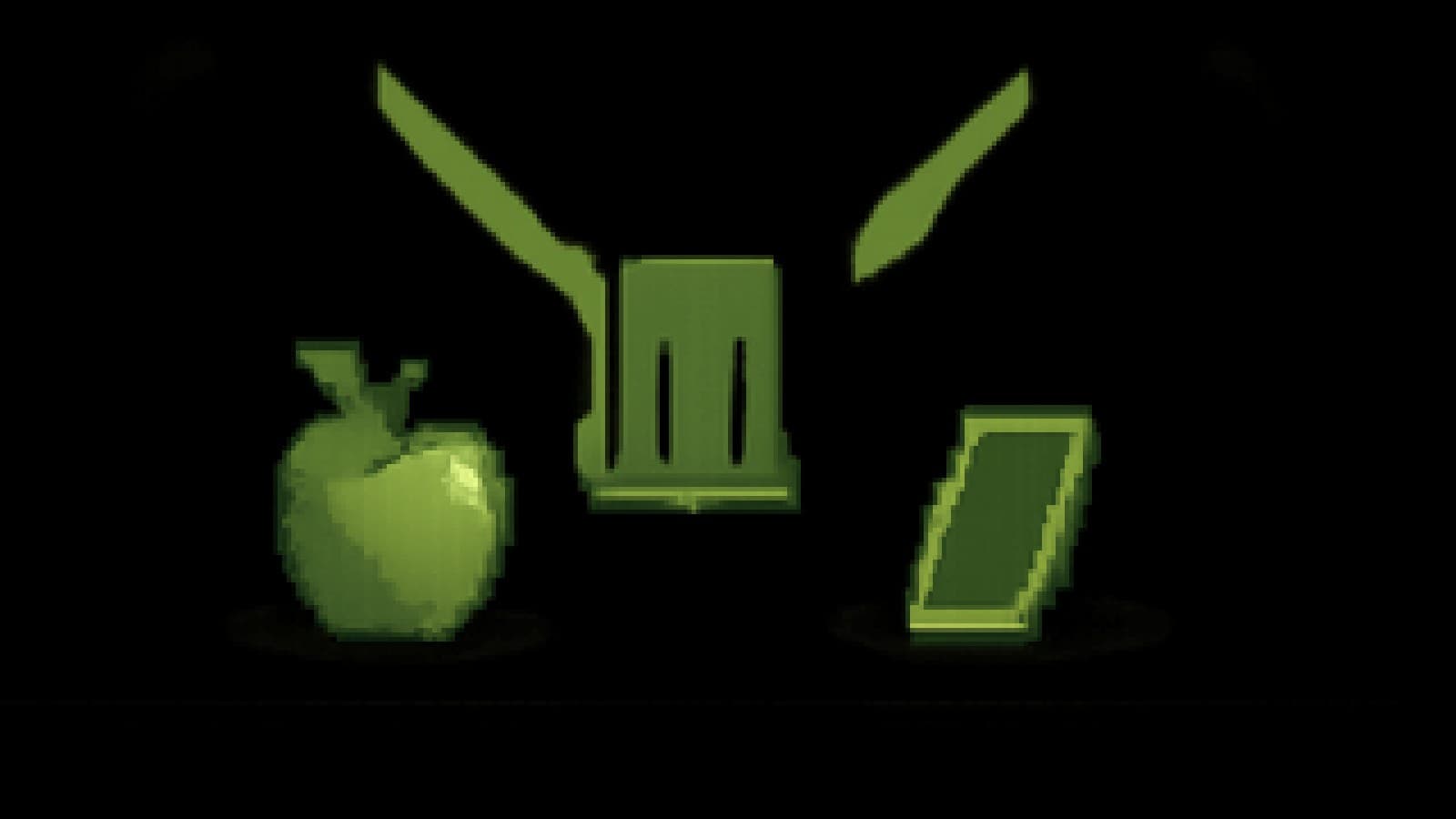 Pixel-art cook-off stage with an apple and a smartphone facing off on plates under spotlights.