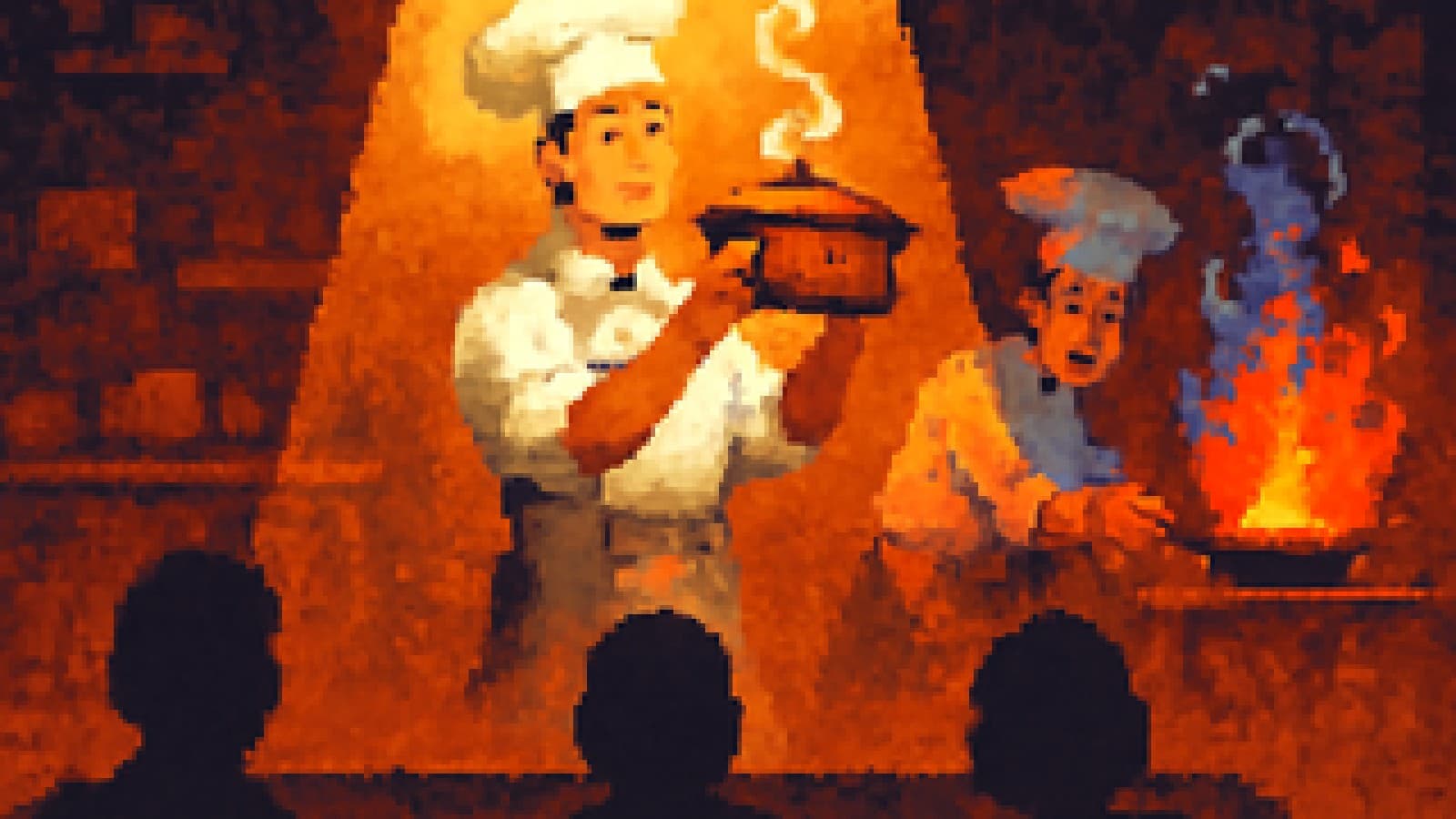Pixel-art cook-off stage where a calm chef lifts a casserole into the spotlight as a rival's pan erupts in red and blue flames.