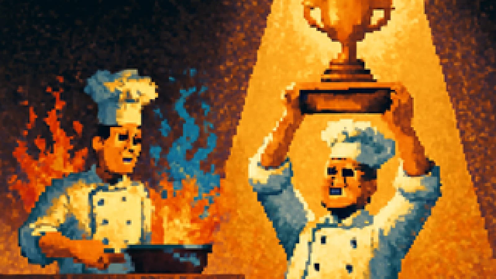 Pixel-art cooking show finale where a sensible casserole wins the spotlight while a rival chef's pan bursts into red and blue flames.