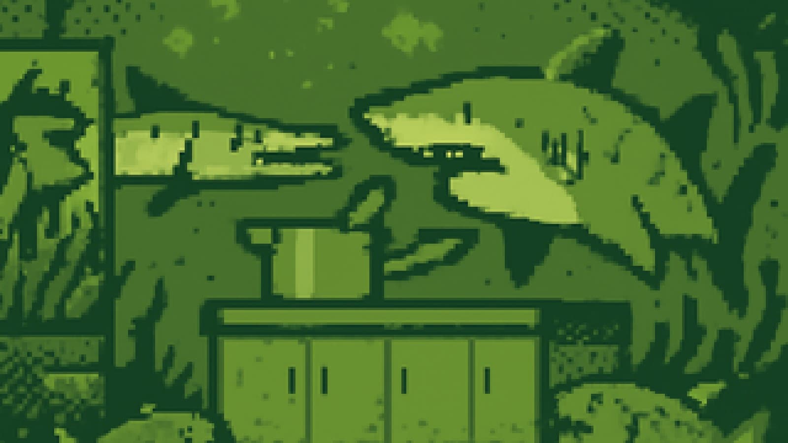 Pixel-art barracuda and tiger shark facing each other across an underwater kitchen counter while a snakehead watches from the plants