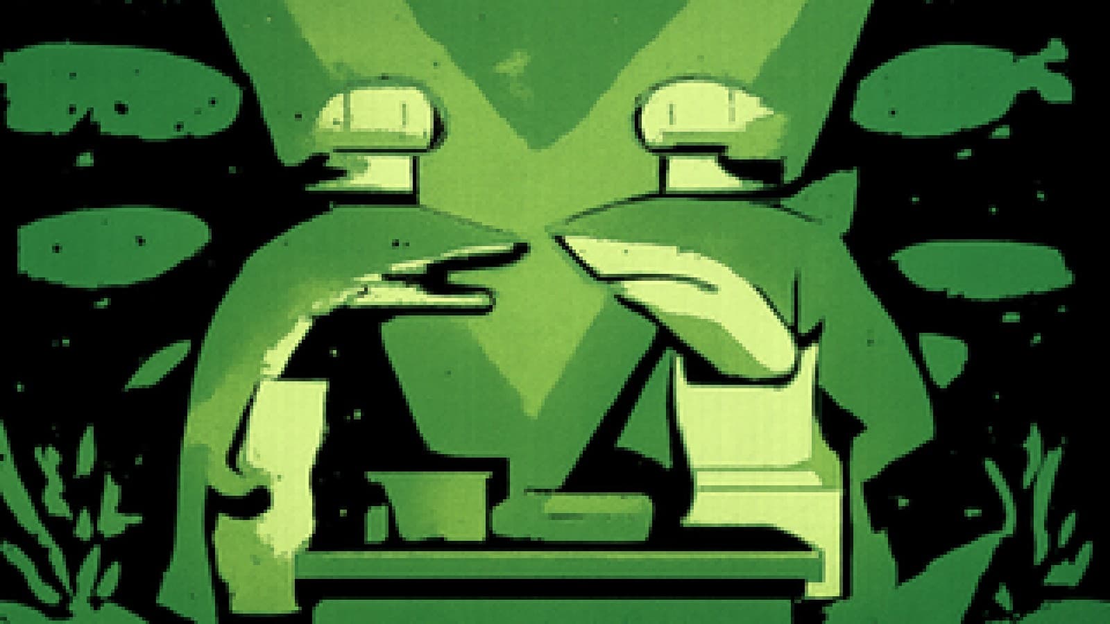 Pixel-art barracuda and tiger shark in chef aprons facing off at an underwater kitchen counter while other predator fish watch