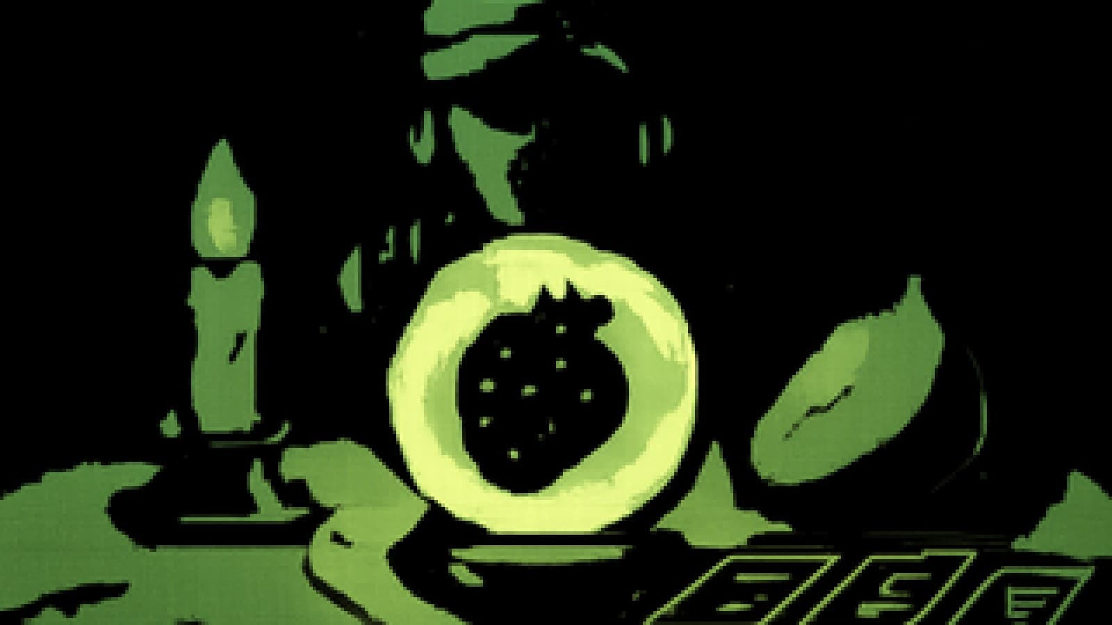 Pixel-art crystal ball showing a crowned strawberry, with a shadowed mango beside it on a fortune teller's table