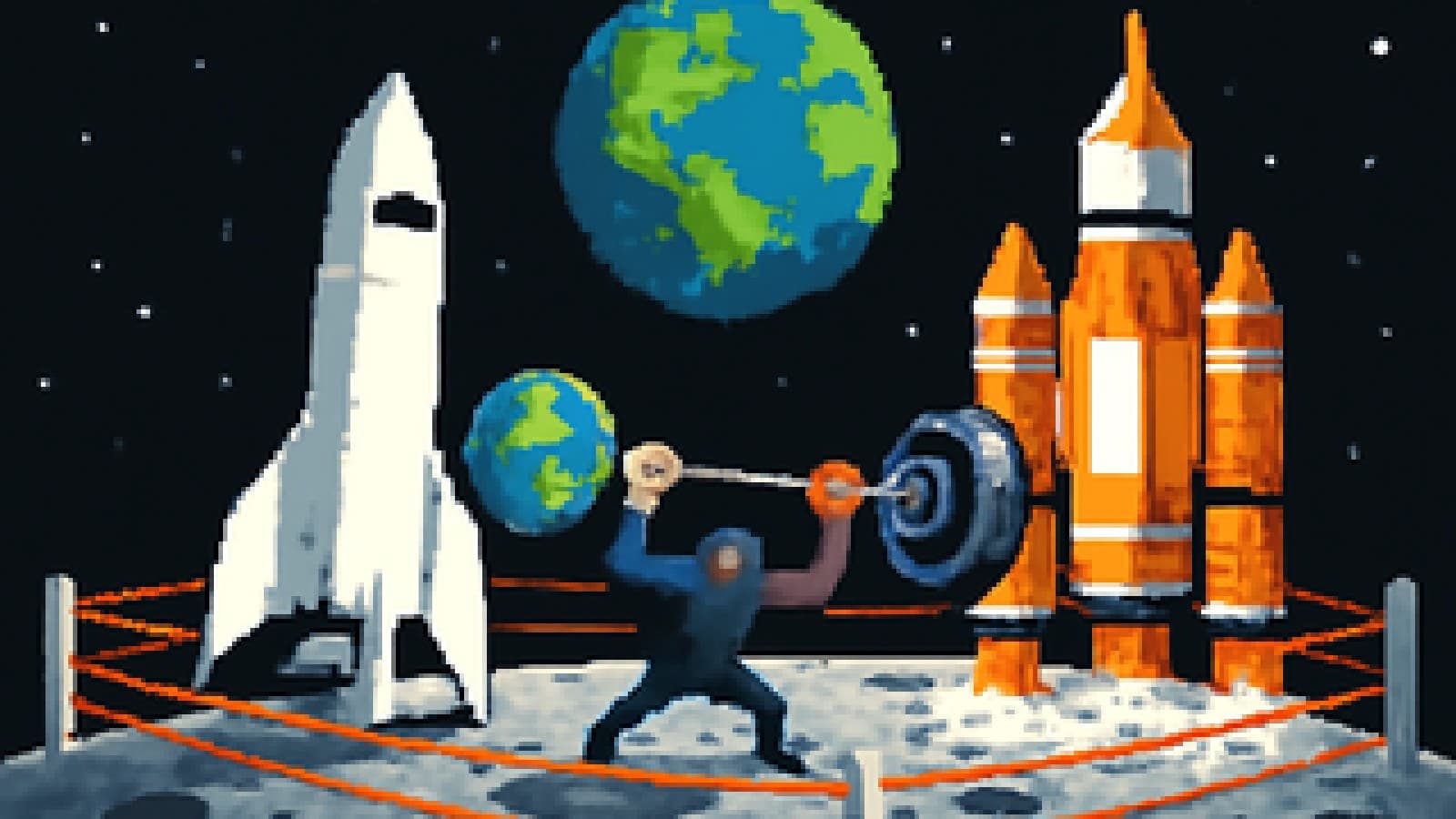 Pixel-art scene of two rockets squaring off at a planet-loaded barbell inside a boxing ring on the Moon, with Earth in the background.