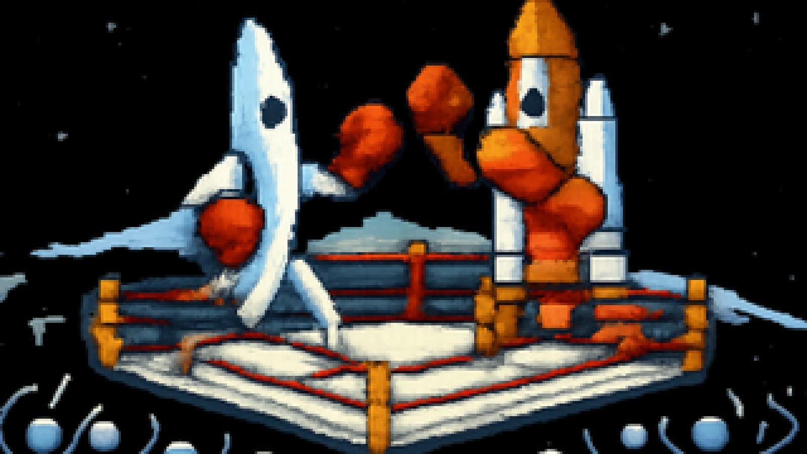 Pixel-art illustration of two rockets in boxing gloves facing off in a ring in orbit above Earth while tiny astronauts cheer.